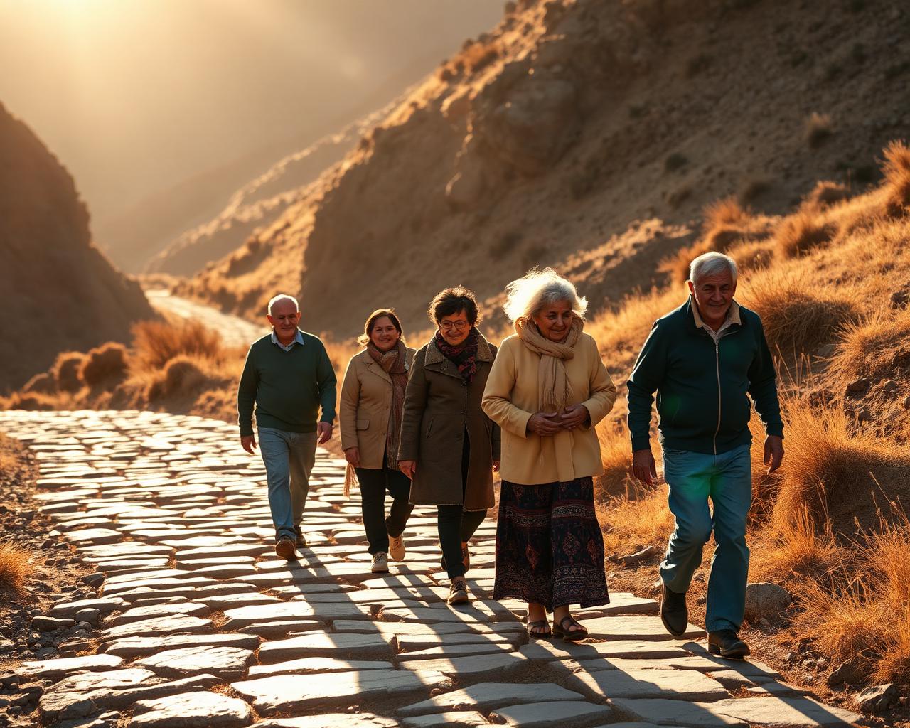 Multigenerational group walking an Andean path together